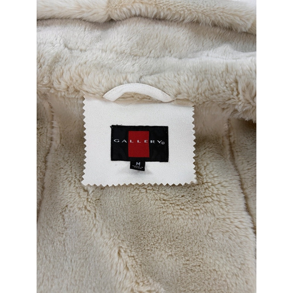 Vintage Gallery Women's Medium Faux Suede Shearling Fur Hooded Coat Cream Jacket - Picture 4 of 9